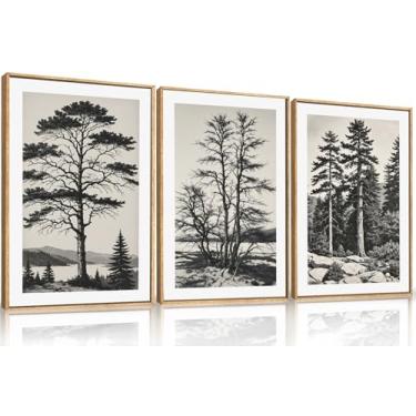 Imagem de LHIUEM Conjunto de arte de parede emoldurada de árvore vintage grande, decoração de parede preto e branco antigo, arte botânica do lago da natureza, impressões de arte florestal moderna para sala de