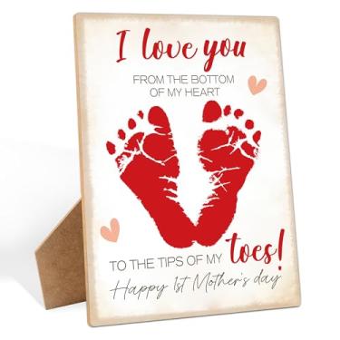 Imagem de Primeiro Dia das Mães Presentes para Nova Mãe, 23 x 30 cm Pegada Lembrança Fazendo Sinal de Madeira, I Love You From the Bottom of My Heart Footprint DIY Crafts for Family, Placa Engraçada Feliz