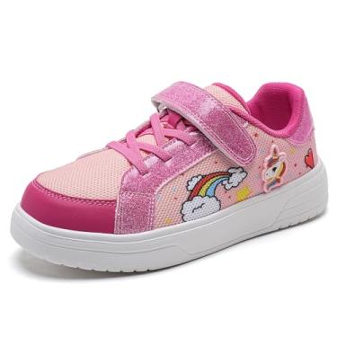 Imagem de IceUnicorn Tênis infantil para meninas, leve, casual, para caminhada, cano baixo, elástico com gancho e laço (bebê/criança pequena/criança grande), Unicórnio rosa, 18