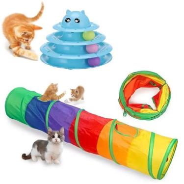 Imagem de 2 Brinquedos Para Gatos Torre + Tunel Labirinto Interativo Pet colorid