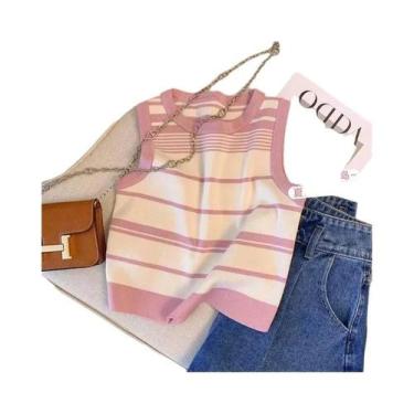 Imagem de Vestido Regata Feminino Listrado - Rosa, Preto e Branco - Modelo Casua