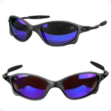 Imagem de oculos sol preto metal azul lupa praia proteção uv + case aste metal o