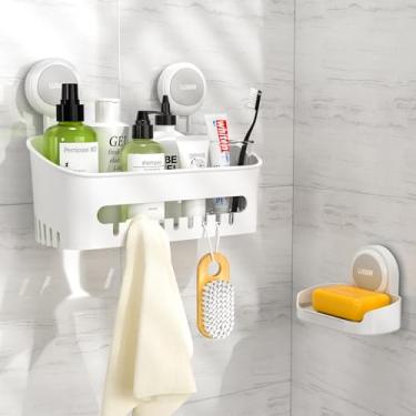 Imagem de LUXEAR Conjunto de ventosas de chuveiro com ventosa de chuveiro + suporte de saboneteira sem perfuração removível em um segundo instalação organizador de chuveiro de sucção poderoso à prova d'água armazenamento de suporte de banheiro - pacote com 2