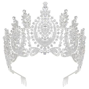 Imagem de Oriamour Tiara de cristal para mulheres, coroa de casamento alta para noiva, aniversário, formatura, princesa, marmelo, tiara para concurso, coroa grande, tiara de noiva, Large, Cristal, Strass