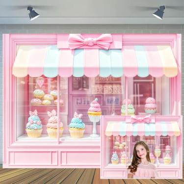 Imagem de Pano de fundo rosa de sorveteria de 2,1 x 1,5 m para fotografia, tema de verão, casa de doces, para crianças, bebês, meninos, meninas, chuveiro, festa, pano de fundo, cortina de bolo, banner, estúdio