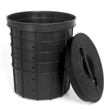 Imagem de Bacia de bomba de depósito com tampa comporta 10 galões 38 cm de altura balde de bomba perfurado resistente com 40 furos para drenagem em espaços de rastreamento, quintais, pátios e calçadas