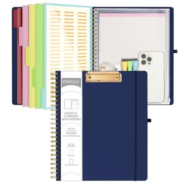 Imagem de Ospelelf Bule Prancheta dobrável espiral com bolsa de armazenamento com zíper, 5 pastas de plástico com 10 bolsos, bloco de notas forrado recarregável (28 x 21,6 cm), organizador de projetos de capa