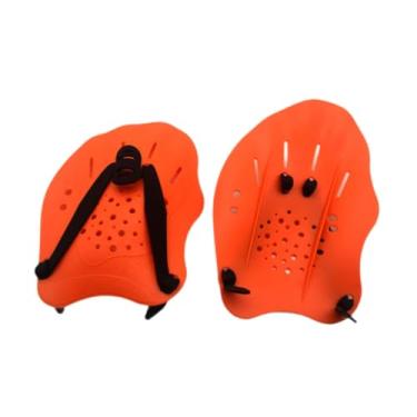 Imagem de UGPLM Nadadeiras de mão para natação, equipamentos confortáveis ​​para treino em piscina, luvas de treinamento para natação para crianças unissex, Laranja