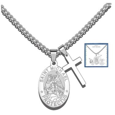 Imagem de Liuanan Colar com pingente de São Miguel Arcanjo para homens, joia de proteção cristã, corrente de cruz religiosa de aço inoxidável para ele, presentes católicos para confirmação, primeira comunhão