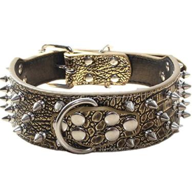 Imagem de Coleira para cachorro de couro com ponta haoyueer com rebites de bala, 5 cm de largura, coleiras estilosas de couro para cães de porte médio e grande Pitbull (marrom dourado, G)