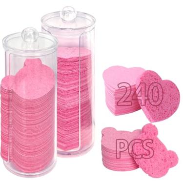 Imagem de VirgoCCY 240 Esponjas Faciais Comprimidas Com 2 Recipientes, Spa De Celulose Natural Para Limpeza Facial, Descartáveis Massagem E Remoção Maquiagem. (Heart+Bear)