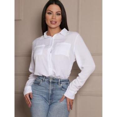 Imagem de Camisa Social Feminina Manga Longa Com Bolsos Elegante Alfaiataria Gola Colarinho-Feminino