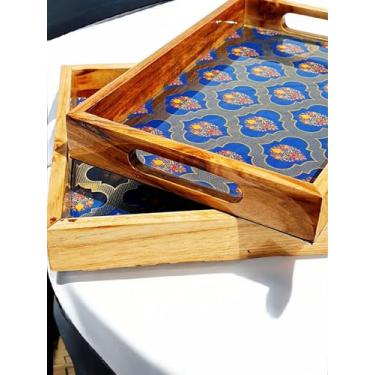 Imagem de Vetali Export Conjunto de 2 bandejas decorativas retangulares de madeira de teca feitas à mão com alças, café da manhã na cama, mesa de café, jantar, churrasco, lanches, aperitivos, bandeja de mesa de