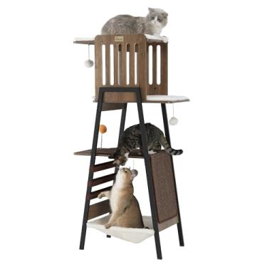 Imagem de FourFurPets Árvore de gato moderna, torre para gatos de 137 cm para gatos grandes, Maine Coon Cat Tree com tábua de arranhar, poleiro grande, rede e almofadas removíveis, Greige