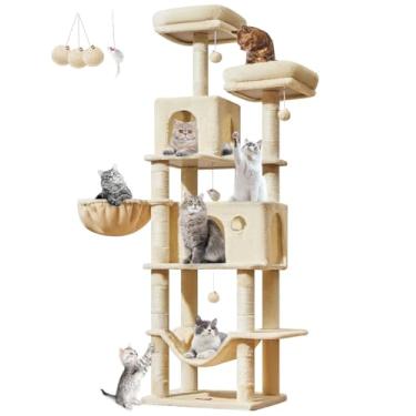 Imagem de Taoqimiao Árvore para gatos grande, torre de árvore para gatos de 183 cm com 9 postes de arranhar para gatos internos, 2 condomínios grandes para gatos com rede, cesta suspensa, 2 plataformas
