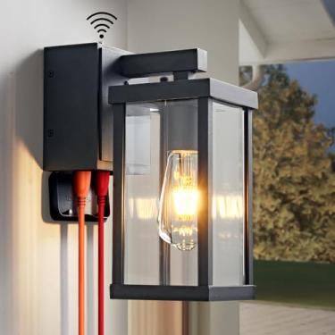 Imagem de JOKAONOTL Luzes de varanda do crepúsculo ao amanhecer com tomadas GFCI à prova d'água luzes de parede externas luminárias externas modernas suporte de parede para casa pátio garagem, preto, 29 cm A, 1