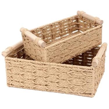 Imagem de BUNCHBRAVO Conjunto de 2 cestas de armazenamento de tecido – Caixas organizadoras de corda de papel rústico com alças, caixas de armazenamento de 30,5 cm e 25,4 cm para prateleira, armário, banheiro e