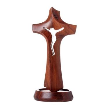 Imagem de Whtkoph Estatueta de Crucifixo de Madeira, Estátua em Cruz, Ornamento Decorativo Colecionável para Mesa, Presente Religioso para Decoração de Estante, 7.4 Cm X 15.2 Cm X