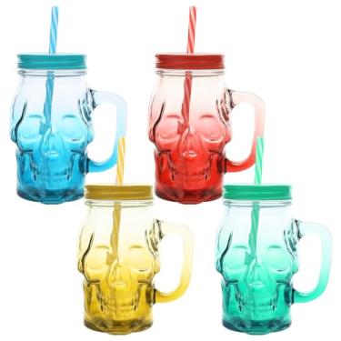 Imagem de Skull Mason Jars com alça, canecas de cerveja de vidro de 473 ml, copo gótico de boca larga com canudos e tampas, caneca de bar de pub novidade copos de Halloween para bebidas, licores, coquetéis