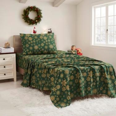 Imagem de Lençóis de Natal tamanho solteiro com tiras embutidas – Roupa de cama aconchegante de Natal para alegria de férias e sonhos de inverno – Macio, sono confortável para celebrações sazonais, flocos de