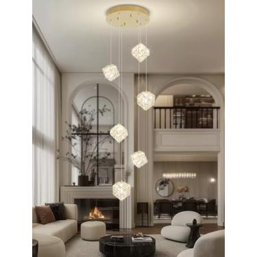 Imagem de Lustres de 6 luzes para sala de jantar Lustres dourados modernos para tetos altos luminária pendente de cristal para sala de estar cozinha ilha hall de entrada bar