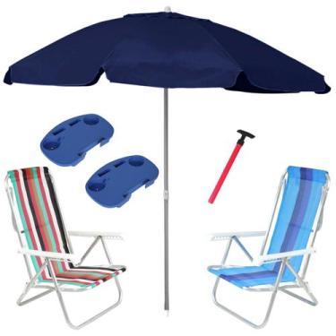 Imagem de Kit Praia 2 Cadeira 8 Pos Alumínio Guarda Sol 2,4m Azul Marinho 2 Mesa