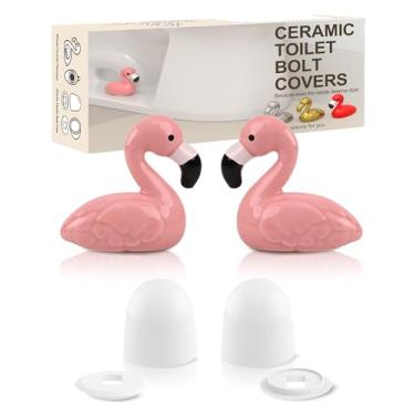 Imagem de boeemi Tampas de parafuso de vaso sanitário decorativas - 2 peças de tampas de parafuso de vaso sanitário de flamingo rosa decoração de banheiro de cerâmica com 2 tampas redondas de plástico