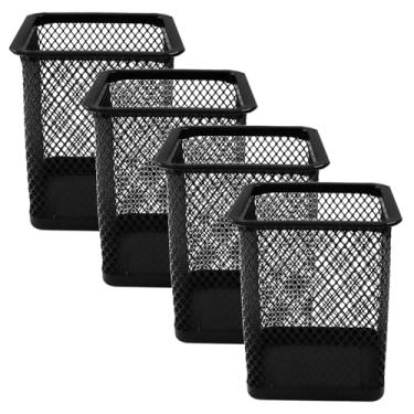 Imagem de Coufce Pacote com 4 porta-canetas de metal, suporte preto para mesa, copo de lápis de malha de arame preto, suporte de lápis resistente para escritório/estudantes (quadrado)