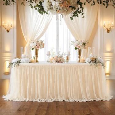 Imagem de CREATCABIN Toalha de mesa de tule champanhe de 1,8 m saia de mesa tutu saia de mesa de tule toalha de mesa com babados decorações elásticas mesas retangulares com fita adesiva para aniversário, festa