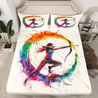 Imagem de Manfei Jogo de cama casal de tiro com arco e flecha, tema de jogos esportivos, 3 peças, capa de cama de atleta de tiro com arco moderno com 2 fronhas, para decoração de quarto de crianças e