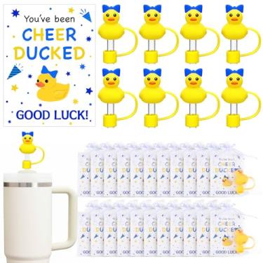 Imagem de LemonRoad Conjunto de 20 presentes de equipe de torcida com etiqueta bolsa de organza a granel 10 mm cobertura de palha de pato líder de torcida Toppers para copo de líder de torcida You've Been Cheer