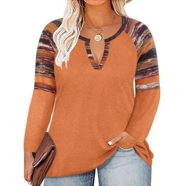 Imagem de Blusa feminina CARCOS, manga comprida, decote em V, listrada em bloco,