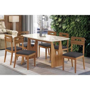 Imagem de Conjunto Sala de Jantar Mila Premium Madeira Maciça c/ Tampo Madeirado c/ Vidro 170x90cm e 6 Cadeiras Lila Carvalho/Off White - Boucle Grafite-Kappesb