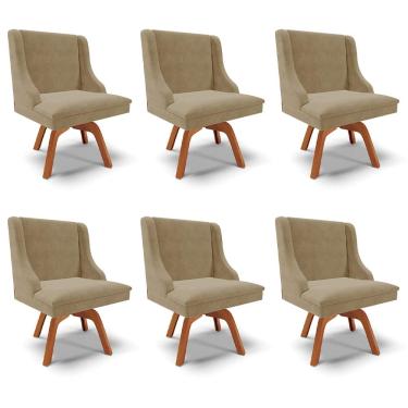 Imagem de Kit 6 Cadeiras Decorativas Sala de Jantar Base Giratória de Madeira Firenze Suede Nude/Natural G19 - Gran Belo