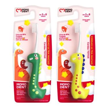 Imagem de MOMODENT Escova de Dente Infantil Dinossauro - Cerdas Super Macias, Cabo Ergonômico, Para Crianças de 3 a 8 Anos, Compacta e Portátil, 1 Unidade (Verde+Amarelo(2 unidades))
