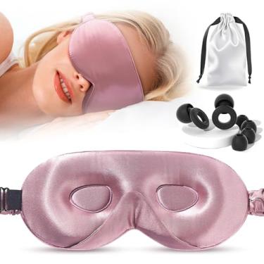 Imagem de Máscara de dormir de seda para mulheres, máscara de olho 100% seda amoreira com tampões de ouvido para dormir e alça de ajuste de inteligência - Máscara de dormir com contorno 3D, blackout para viagem