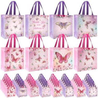 Imagem de 40 peças de sacos de lembrancinhas de festa de borboleta, sacos de presente de borboleta não tecidos, sacolas de presente reutilizáveis de fada de borboleta rosa e roxa com alças para festa de chá de