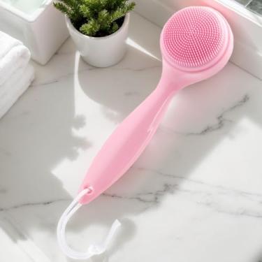 Imagem de Escova de limpeza facial manual de silicone, adequada para a pele, impermeável, com alça longa, esfoliante para remoção de resíduos de maquiagem de cravos (rosa)