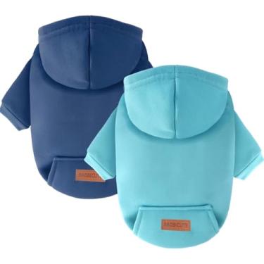 Imagem de Pacote com 2 moletons com capuz para cães quentes para clima frio roupas para cães pequenos e médios para homens e meninas meninos uso diário (azul marinho + azul, PP (Costas: 22 cm, Peito: 35,8 cm)
