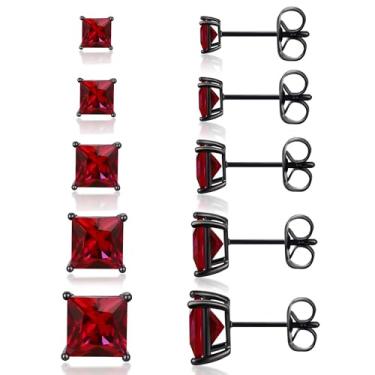 Imagem de MDFUN Conjunto de 5 pares de brincos masculinos banhados a ouro preto de 3 a 7 mm, redondos e quadrados, joias hipoalergênicas femininas, Aço inoxidável, Rubi sintético
