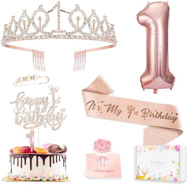 Imagem de Awfrky Decorações de 1º Aniversário para Meninas, Incluindo Topo de Bolo de Aniversário de 1 Ano, Faixa de Rainha com Broche de Pérola, Coroa de Tiara de Strass Doce, Velas e Balões Numéricos
