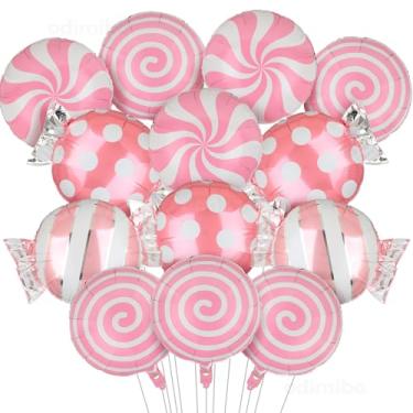 Imagem de 13 peças de balões de alumínio de pirulito rosa e branco de Natal, kit de balões Mylar de 45,7 cm para decorações de festa de Natal, tema Candyland, artigos de chá de bebê