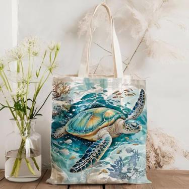 Imagem de Sacola de lona de tartaruga para mulheres, estampa de tartaruga, vida marinha, náutica, reutilizável, mercearia, compras, bolsa de ombro para viagem de praia
