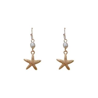 Imagem de Rosemarie & Jubalee Brincos de gota de estrela do mar, pingente de 2,5 cm, joia temática de praia com detalhes de pérola