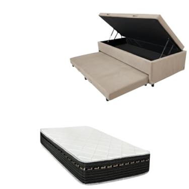 Imagem de Cama Box Baú Solteiro com Auxiliar (Bicama) + Colchão Eagle Molas Bonnel 22cm | Kit Completo com Cabeceira Botonê Opcional | Diversas Cores (2, SUEDE BEGE, SEM CABECEIRA)