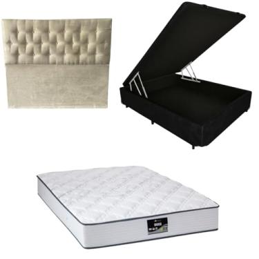Imagem de Cama Box Baú Blindada com Colchão Doss Molas Ensacadas 30cm + Cabeceira Botonê (CORINO PRETO, Casal)