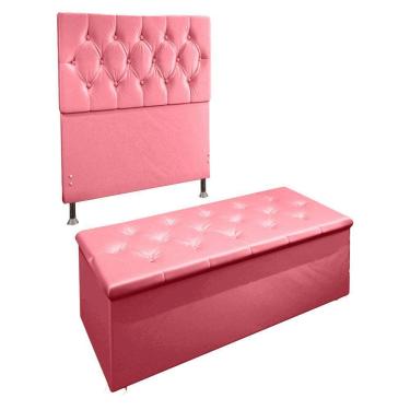 Imagem de Kit Cabeceira e Calçadeira Baú Solteiro 0,90m Suede Rosa
