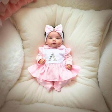 Imagem de Macacão 03 Peças Bebê Menina Personalizado ROSA Bordado Letra do Nome 