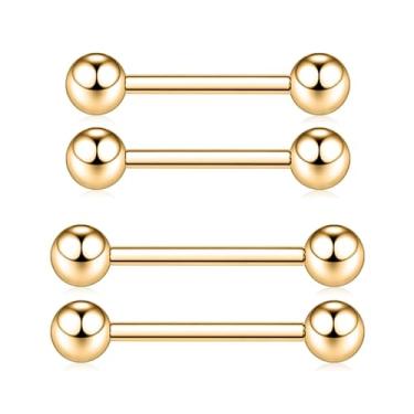 Imagem de QUZIONE Joias de piercing de mamilo, halteres de titânio G23 14G 14 mm 12 mm Anéis de língua rosqueados internamente barra reta, joia corporal hipoalergênica para homens e mulheres, 1 par (ouro)