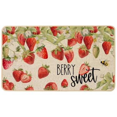 Imagem de Baccessor Tapete de porta de morango, primavera, verão, baga, fruta doce, abelha, capacho frontal para ambientes internos e externos, 43 x 73 cm, suporte de borracha antiderrapante, decoração de piso